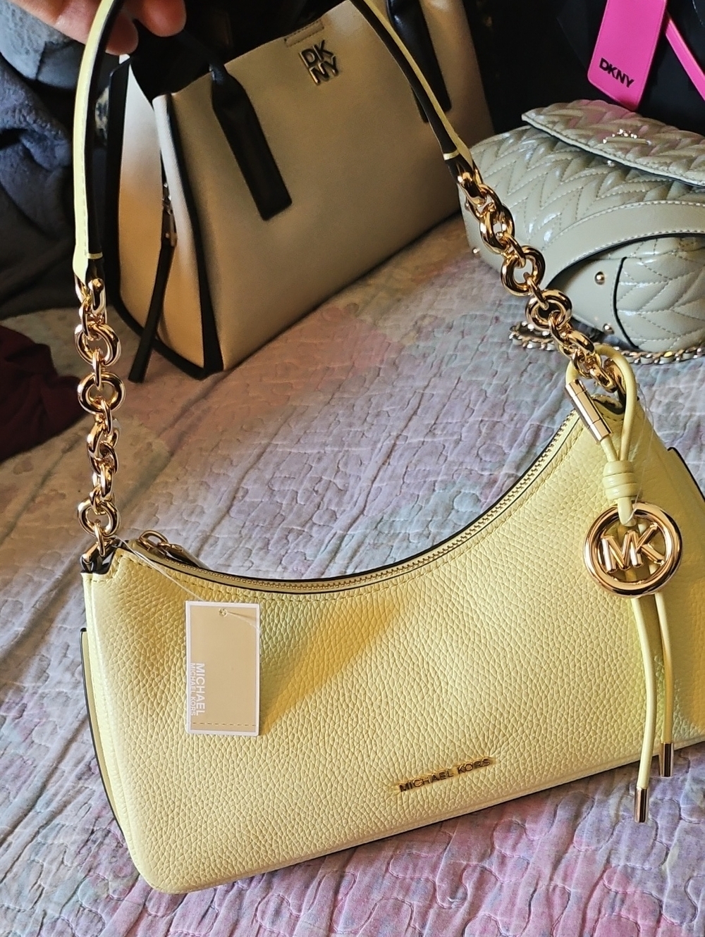 Michael Kors Lemon Pebbled Leather Shoulder Bag with Gold Hardware